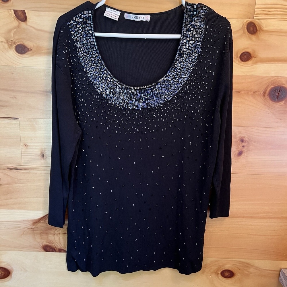 LOULOU Black Knit Beaded Embellished Long Sleeve Top Elegant Size XL